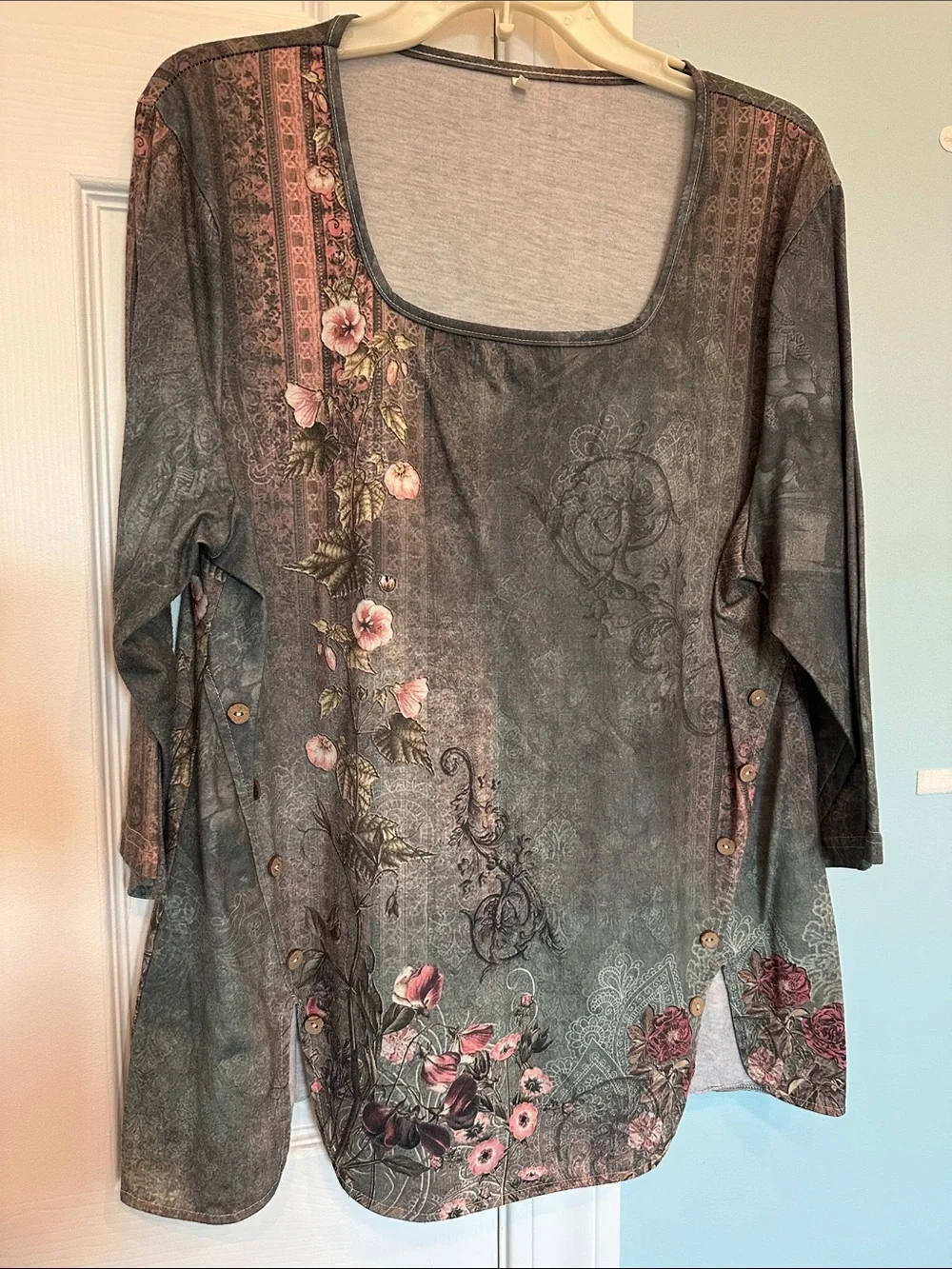 Floral Scoop Neck Long Sleeve Top - Pink Floral on Gray - Picture 1 of 4